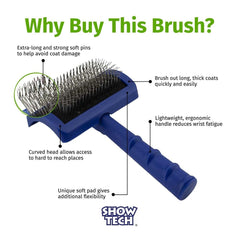 Show Tech Tuffer Than Tangles Slicker Brush pins closeup shows long, firm pins for detangling