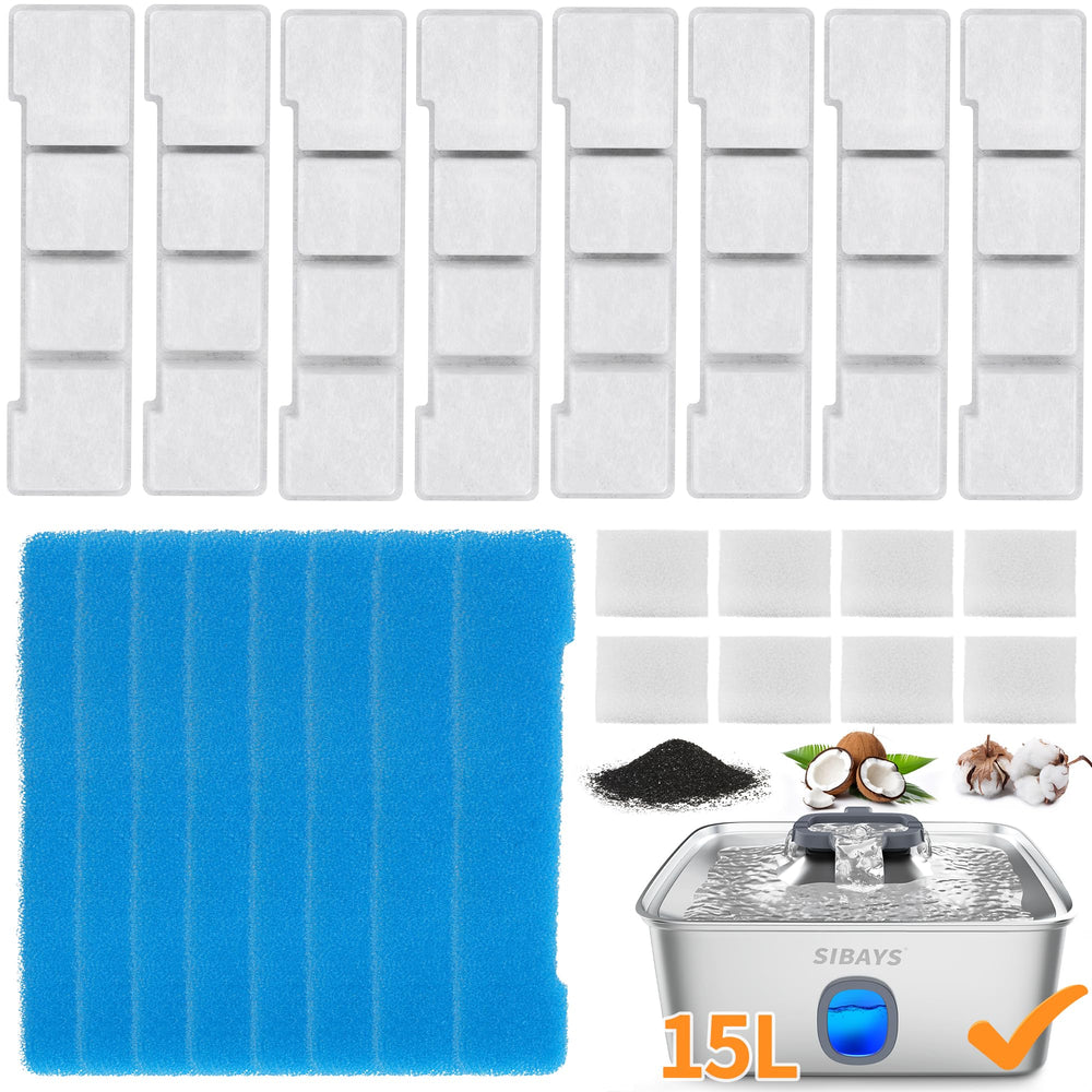 SIBAYS dog water fountain filter packaging shows a 24-piece replacement kit for maintenance.