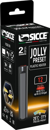 Sicce 12W Jolly heater close-up showing pre-set 77°F for precise small-tank warmth.