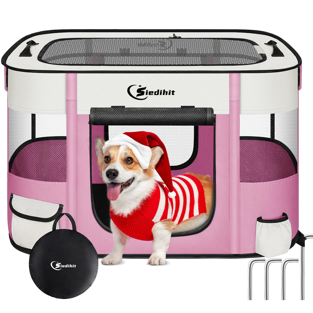 Siedihit playpen pink large front view for easy pet monitoring and safety.