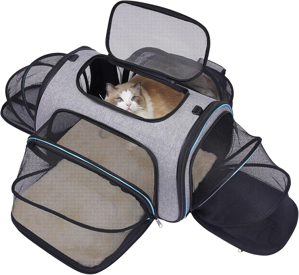 Siivton 4-sides expandable pet carrier front view with expanded space for traveling comfort