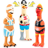Silipull rubber chicken squeaky toy 3-pack in vibrant colors for engaging outdoor play.