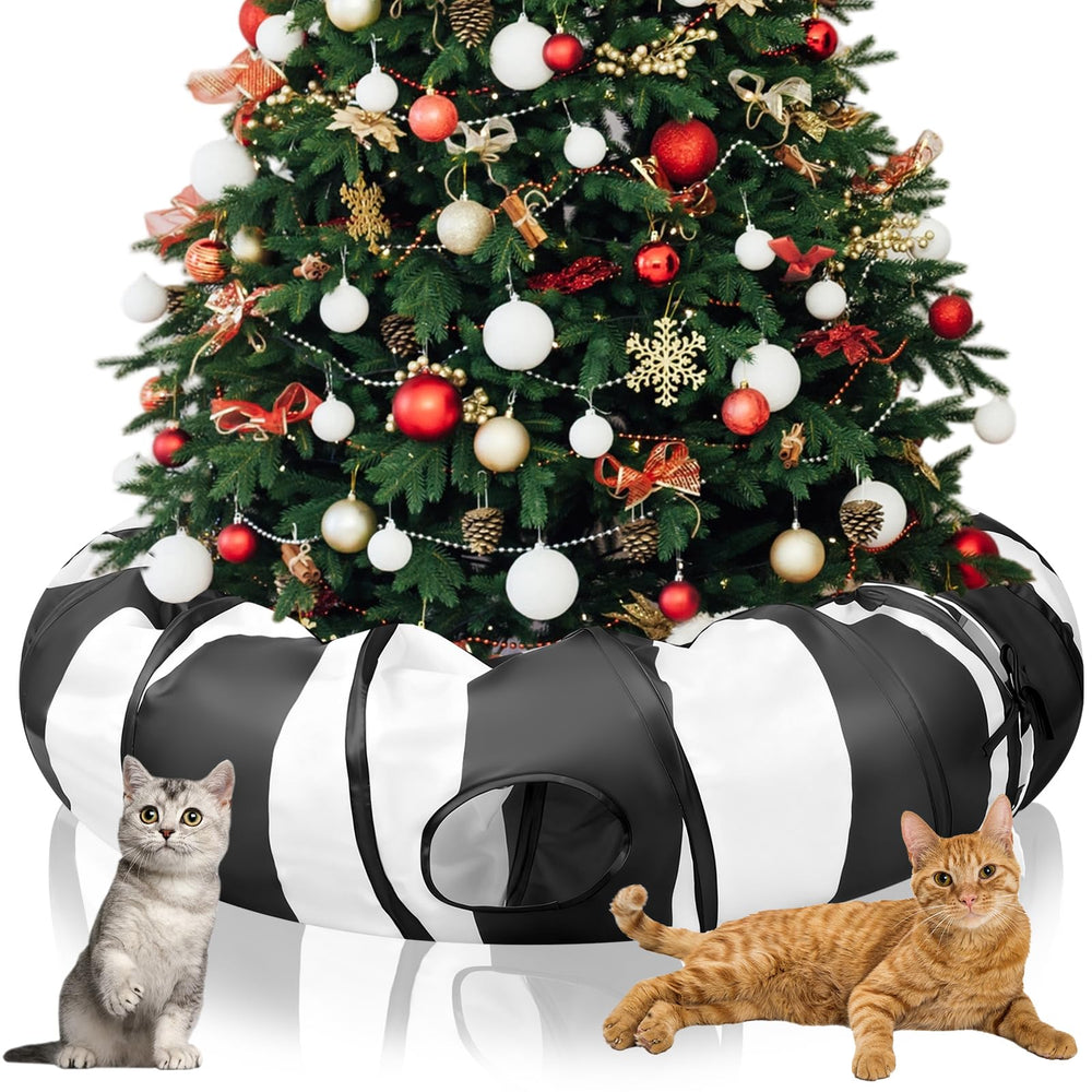 SilTriangle cat tunnel bed beneath the Christmas tree setup for cozy holiday play and rest.