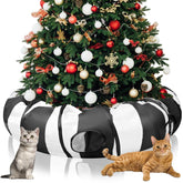 SilTriangle cat tunnel bed beneath the Christmas tree setup for cozy holiday play and rest.