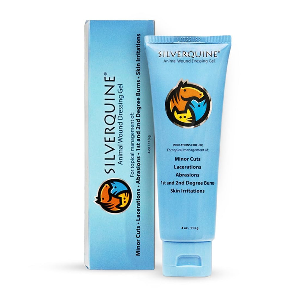 Silverquine dog wound care gel packaging shows safe, odorless hydrogel for pet skin care.