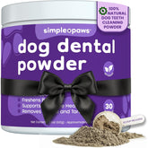 Simple Paws dental powder bottle ready for daily dog teeth cleaning routine