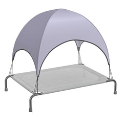 Simple Trending raised dog bed with canopy being assembled for quick setup.