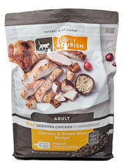 SIMPLY NOURISH adult chicken and brown rice dry cat food front bag shows real chicken first ingredient.