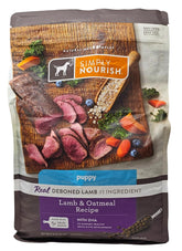 SIMPLY NOURISH puppy lamb and oatmeal dry food bag showing resealability for freshness.