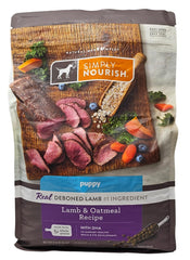 SIMPLY NOURISH puppy lamb and oatmeal dry food bag showing resealability for freshness.