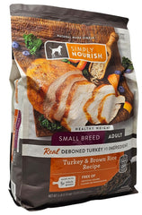 SIMPLY NOURISH turkey and brown rice dry dog food bag back highlighting feeding guidelines for weight maintenance.
