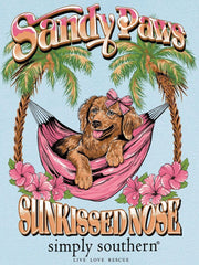 Simply Southern Sandy Paws front logo on ICS Blue tee highlighting logo details and coastal vibe.