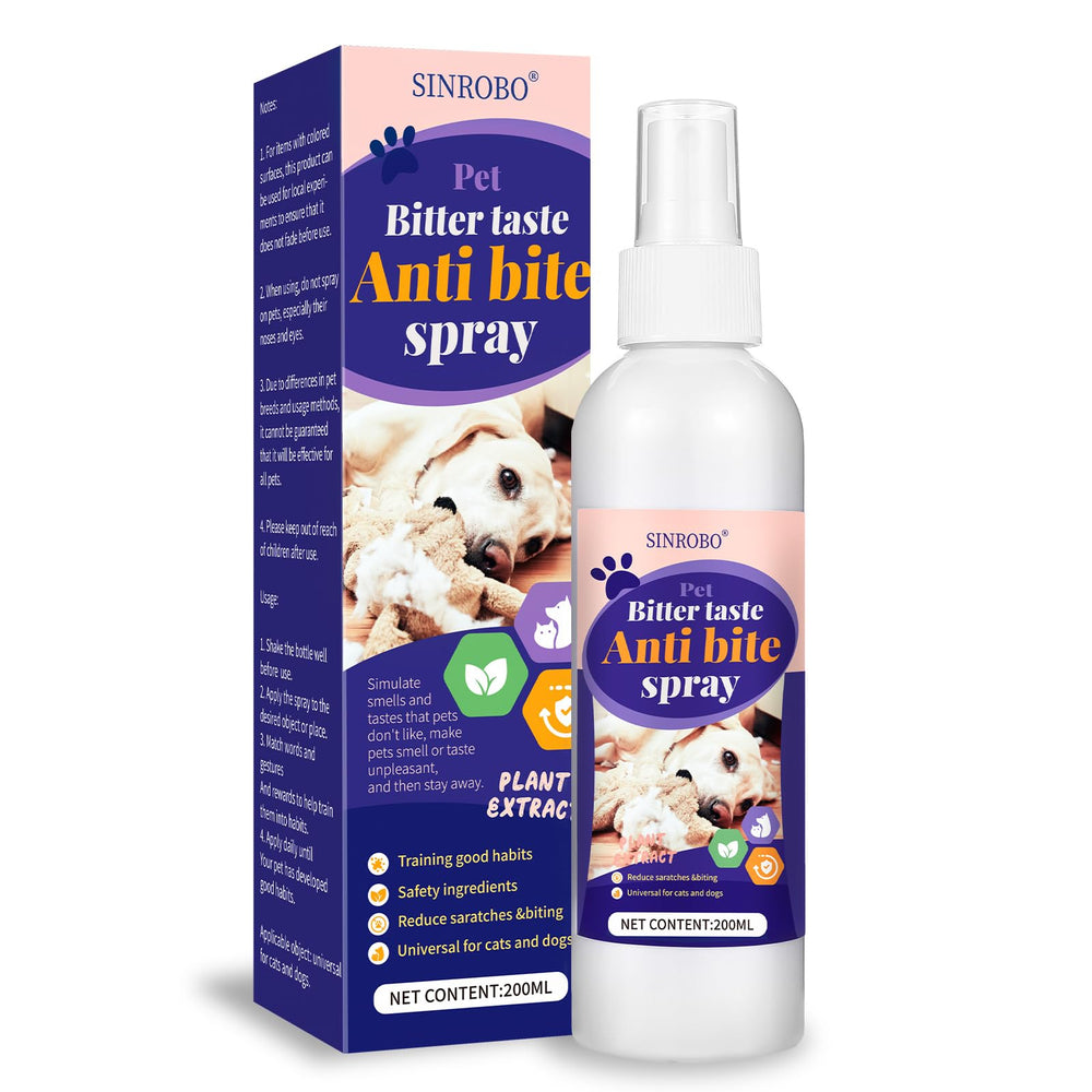 SINROBO No Chew Spray bottle closeup showcasing plant-based deterrent for pets.