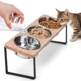 Siooko elevated cat bowls with wood stand front view for comfortable feeding posture