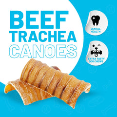 Split-detail close-up of Sitka Farms beef trachea canoes—halved chews for small dogs