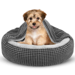 SIWA MARY small dog bed with attached hood offers cozy security and a calm nap space.