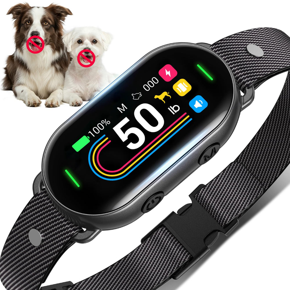 SKBAK Smart Dog Bark Collar on a dog's neck with TFT display showing real-time training progress.