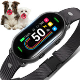 SKBAK Smart Dog Bark Collar on a dog's neck with TFT display showing real-time training progress.
