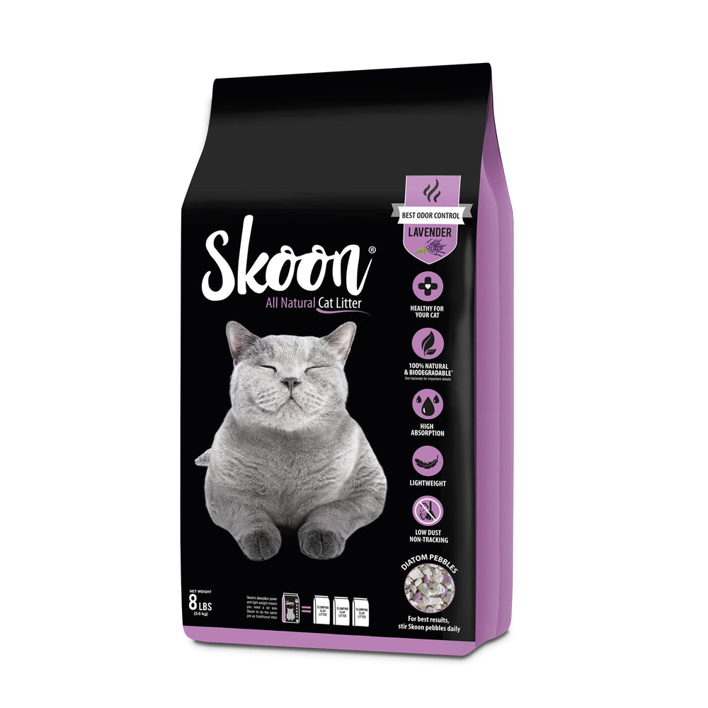 Skoon all natural cat litter lavender bag—lightweight packaging for easy handling.