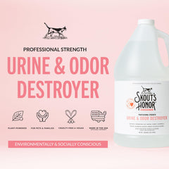 Skout's Honor Cat Urine & Odor Destroyer label closeup highlights plant-powered, cruelty-free formula.