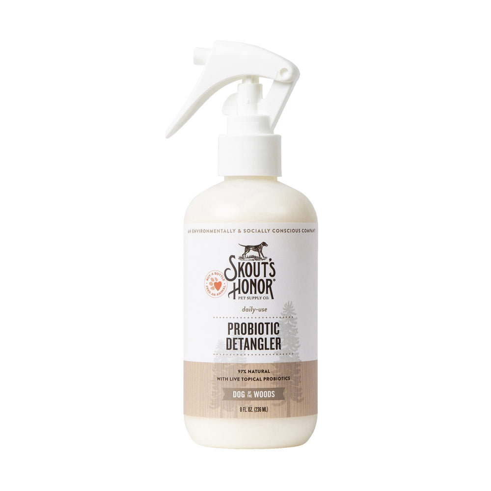 Detangler Skout's Honor, botella frontal facilita cepillado suave y manejo del pelaje