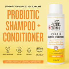 Skout's Honor probiotic cat shampoo label closeup - notes avocado oil and omega-3s for coat hydration.