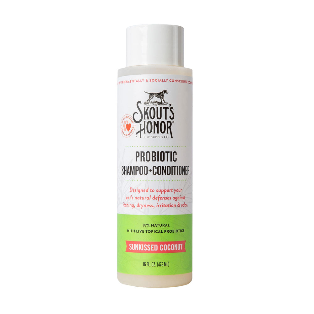 Skout's Honor probiotic dog shampoo bottle pour for gentle cleansing during baths