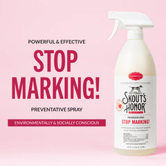 Skout's Honor Stop Marking spray on a dog-friendly spot discourages indoor marking.
