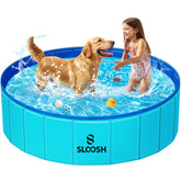 Sloosh foldable dog kiddie pool setup demonstrates quick backyard cooling for pets and kids.