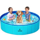 Sloosh Foldable Dog Pool blue side view highlights portable design for backyard fun.