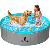 Sloosh foldable dog pool setup shows quick drainage and easy assembly
