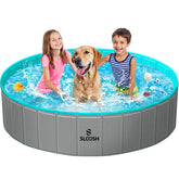 SLOOSH foldable dog pool setup shows quick, tool-free assembly for backyard play.