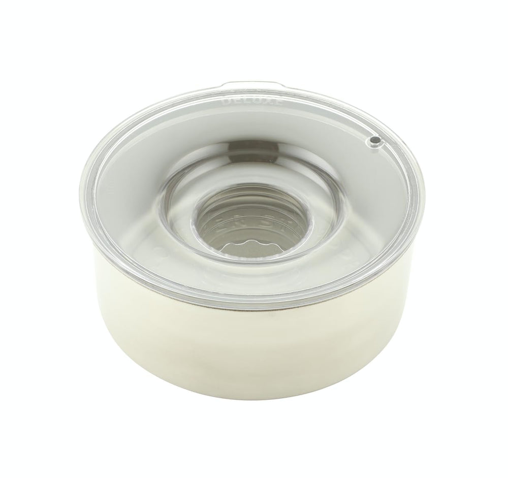 Slopper Stopper stainless steel bowl with 1 gallon capacity prevents spills.