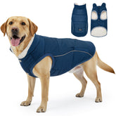 SlowTon dog coat front view highlighting navy warmth and secure fit for chilly strolls.
