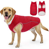 SlowTon dog coat front view red M shows warm, wind-resistant protection for cold walks.