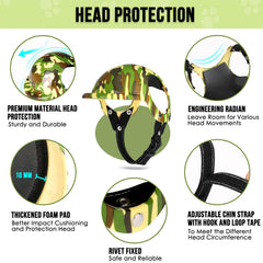 SlowTon dog helmet camouflage side view shows adjustable strap for secure, customized fit.