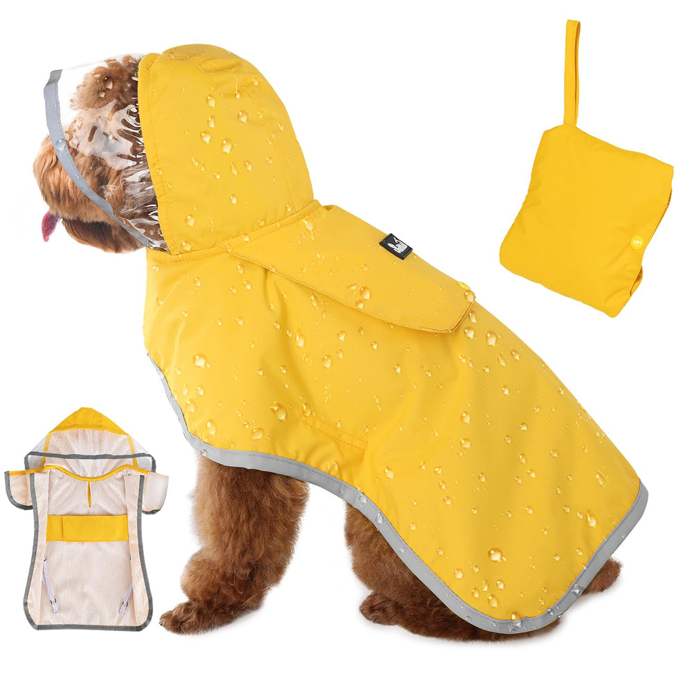 SlowTon dog raincoat front view showing waterproof protection for rainy walks.