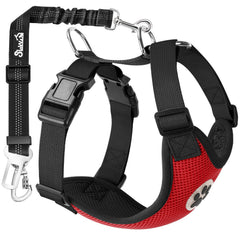 SlowTon dog seatbelt harness front view in red ensures secure, comfortable car rides.