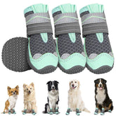 SlowTon dog shoes on paw show secure fit for outdoor walking on hot pavement.