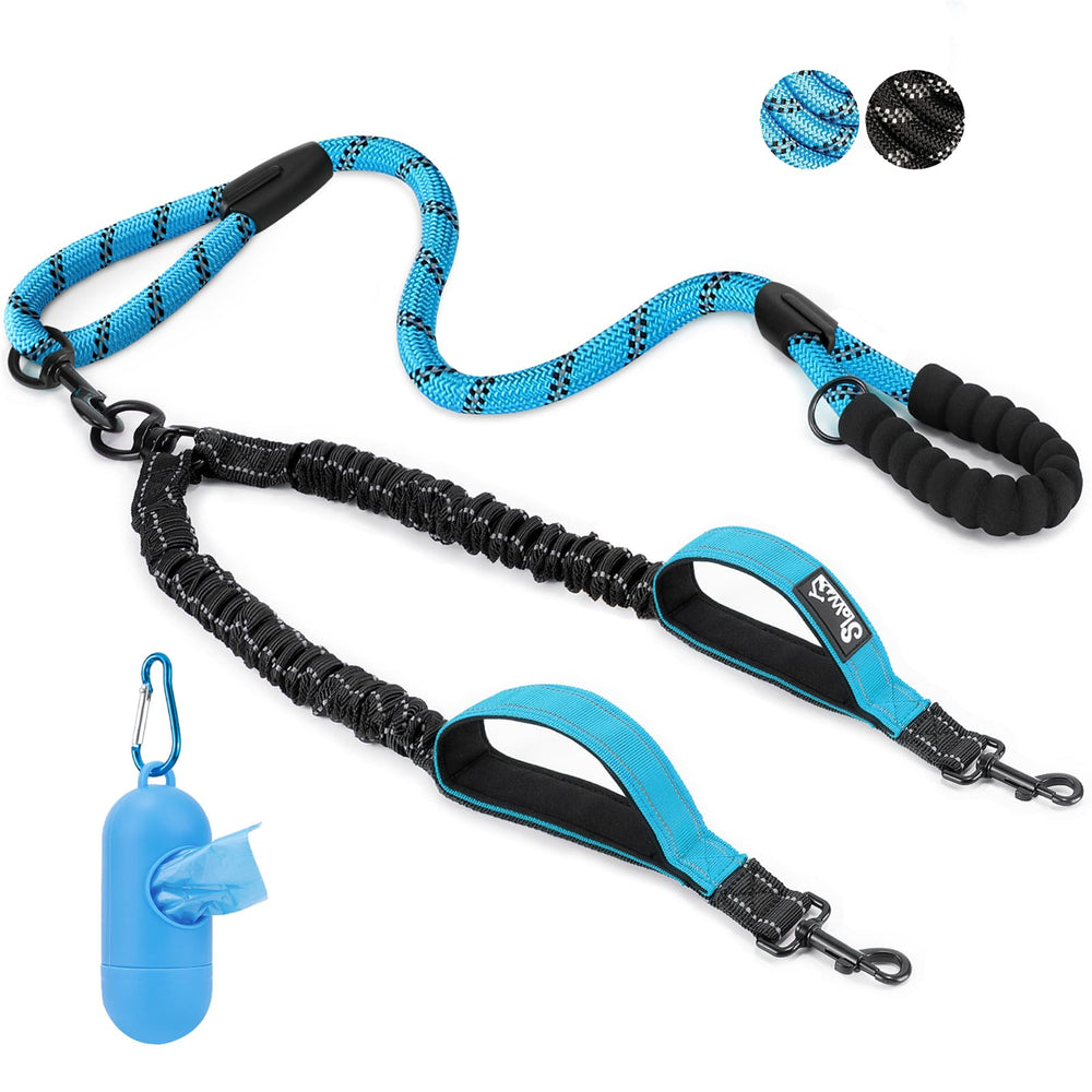 SlowTon double leash blue with two dogs and 360° swivel for tangle-free walking.