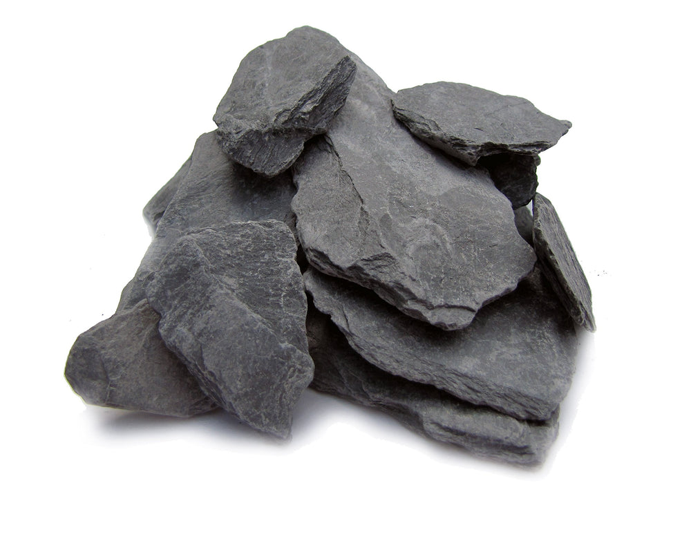 Small World Slate 1-3 inch stones forming aquascaping cliffs for realistic tanks.