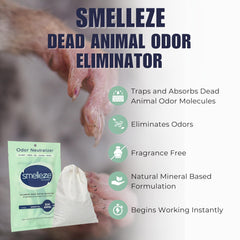 SMELLEZE near vents demonstrates 150+ sq ft coverage for odor removal.