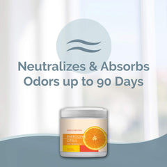 Smells Begone energizing citrus scent jar highlighting refreshing aroma for bathrooms and pet areas.