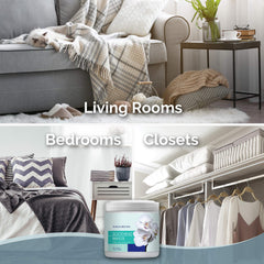 SMELLS BEGONE odor absorber gel in a room illustrates 450 sq ft coverage.