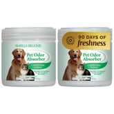 Smells Begone pet odor absorber gel jar closeup showing long-lasting odor control.