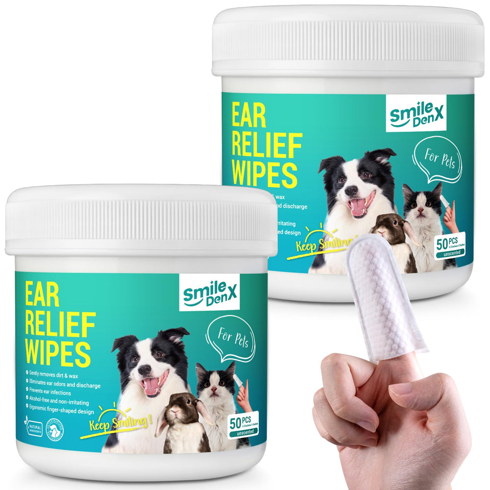 SmileDenX dog ear wipes packaging shows unscented formula for sensitive ears