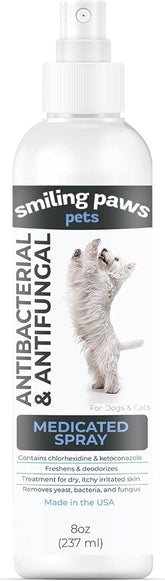 Smiling Paws Pets Advanced Chlorhexidine Spray bottle for targeted skin care.