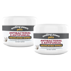 Smiling Paws Pets medicated wipe packaging for dogs and cats, convenient skin care on the go