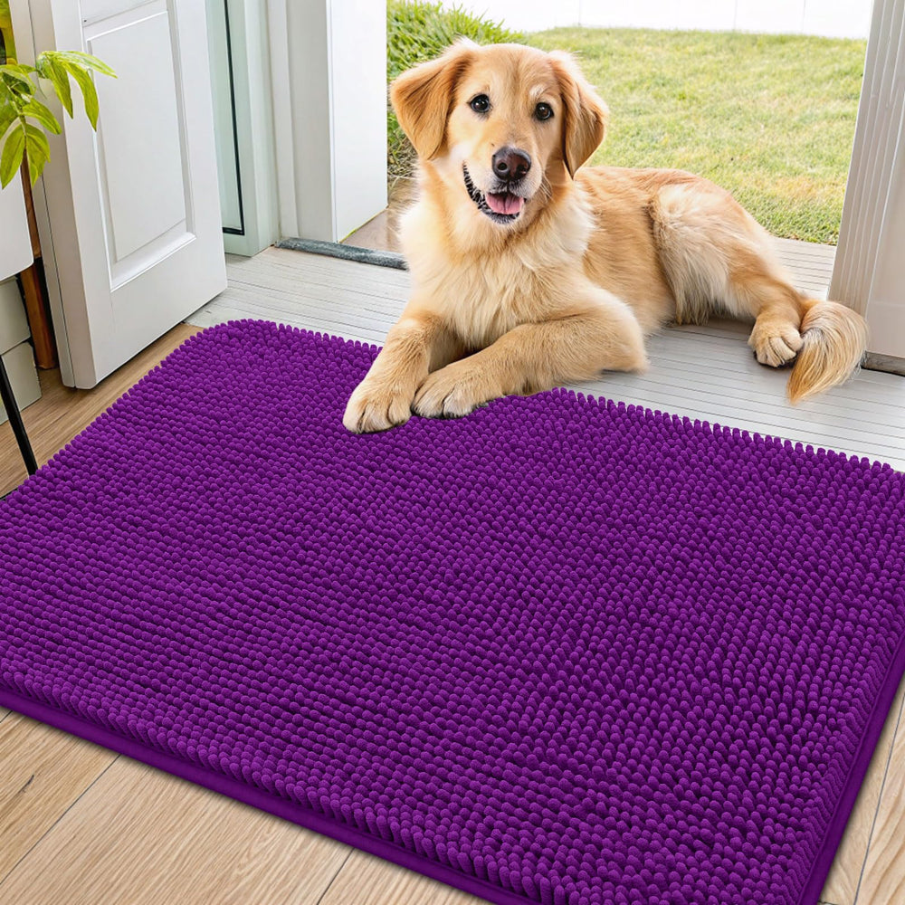Smiry dog door mat 36x24 with plush purple chenille for cozy entryways
