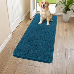 Smiry Dog Door Mat 47x24 Atlantic Blue at front door traps dirt for cleaner floors.